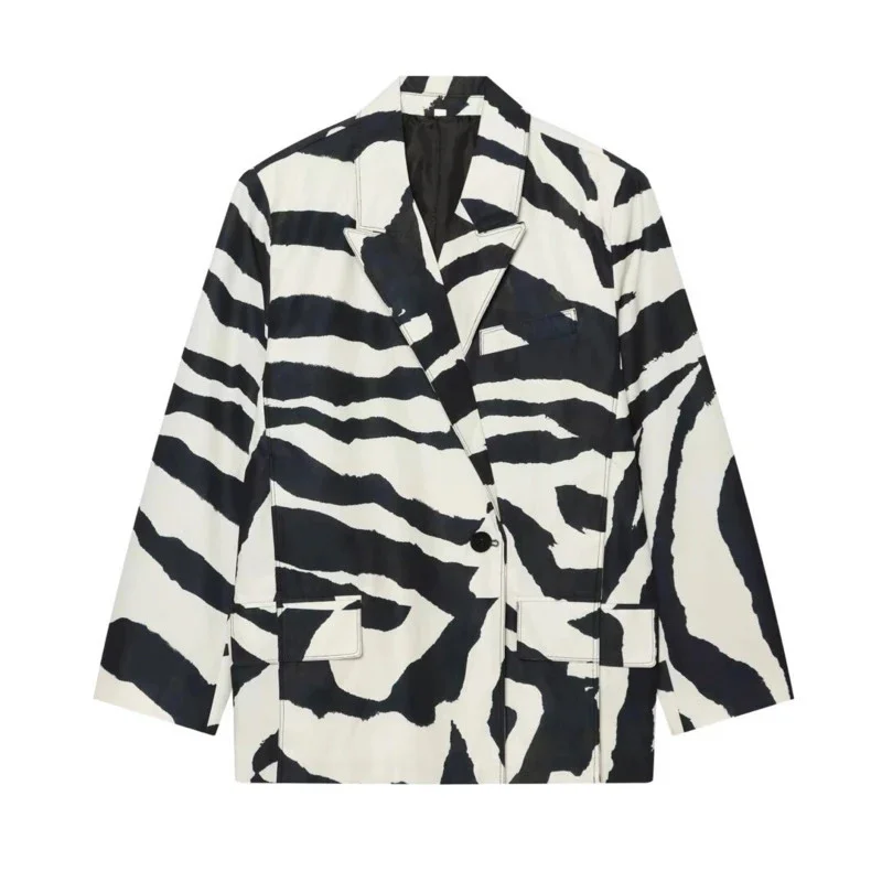 Women Zebra Print Blazer Loose, Fit Lapel Collar Long Sleeve, Animal Pattern Suit Jacket Summer, Office Lady Casual Outerwear