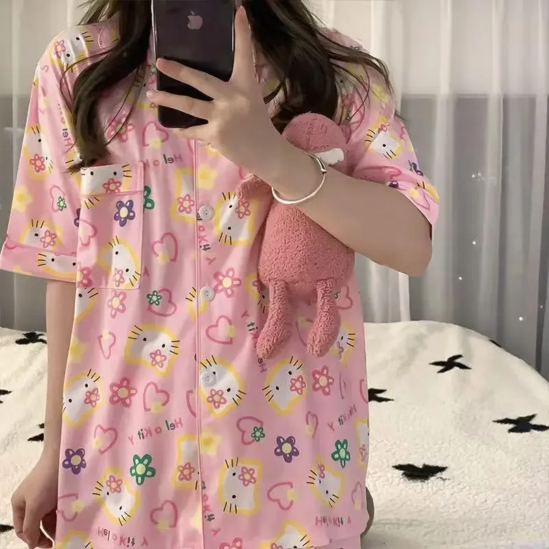 Miniso-Pijama Hello Kitty para meninas, figura dos desenhos animados, roupa interior noturna, doce e adorável, cor rosa, fora e quarto, fofo