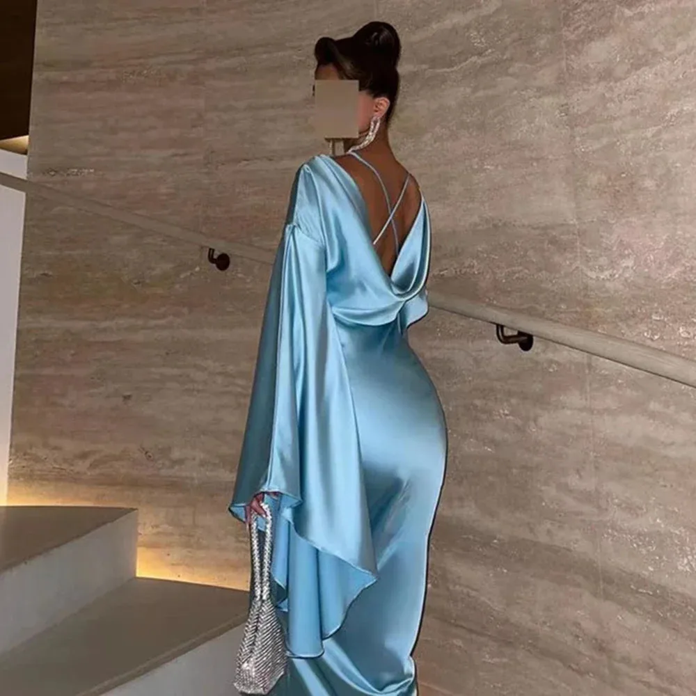 MOBEYE 2024 Long Bell Sleeve Simple Evening Gown Satin Mermaid Ballgown Ankle Length Formal Party Dress Saudi Arabia Slim Fit