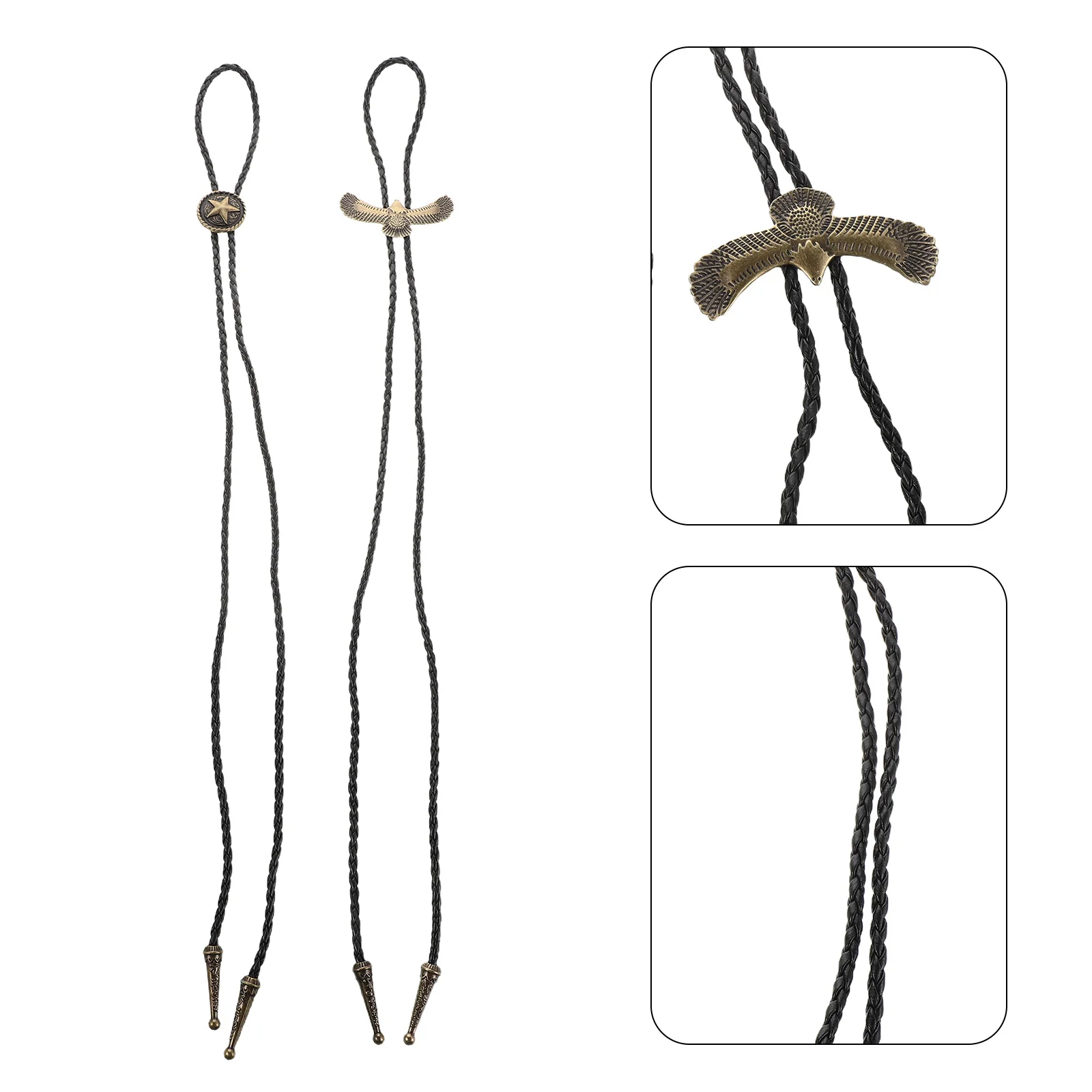 

2Pcs Bolo Necktie Adjustable PU Western Vintage Neck Tie for Men Women Punk Style Star Eagle Accessory