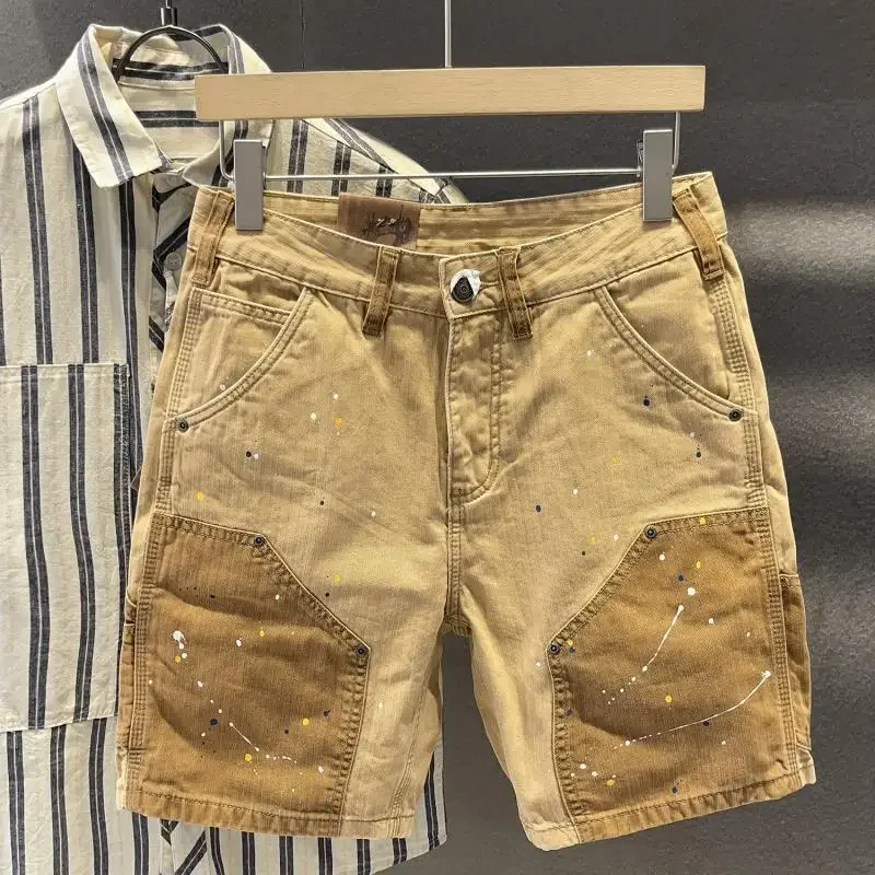 Pantaloncini di jeans larghi da uomo con tasche Pantaloni jeans corti da uomo Larghi dritti Allentati elasticizzati Tendenza 2025 Jorts Bottoni Blu Cowboy Xl