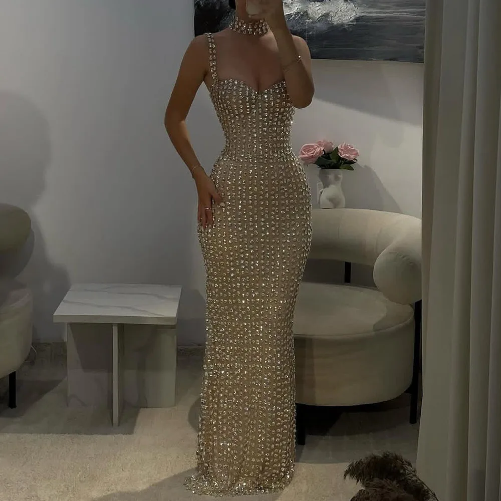 

Customized Straight Evening Dresses Floor-length Spaghetti Strap Sleeveless Prom Gown Simple Fashion Crystal Backless Party Gown