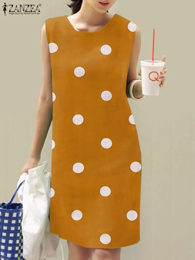 2024 ZANZEA Summer Polka Dots Dess Bohemain Beach Sundress Women Casual Sleeveless O Neck Vestidos Holiday Party Knee Length Robe