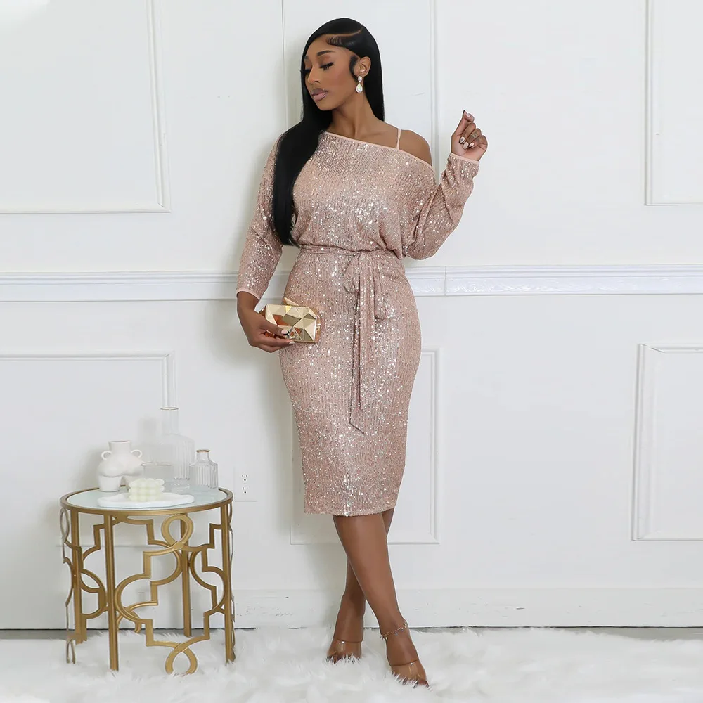 

Women's Sparkle Sequin Midi Evening Dress Champagne Off Shoulder One Sleeve Belted Waist Party Wedding Prom Bodycon Gown Dresses