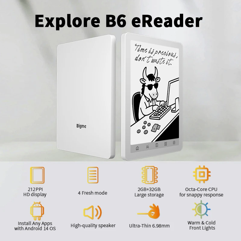 Bigme B6 6'' E-Ink Ebook Reader, 36-Level Adjustable Front Light Eye-Friendly E-Reader, Android 14, 2GB+32GB / 4GB+64G Optional