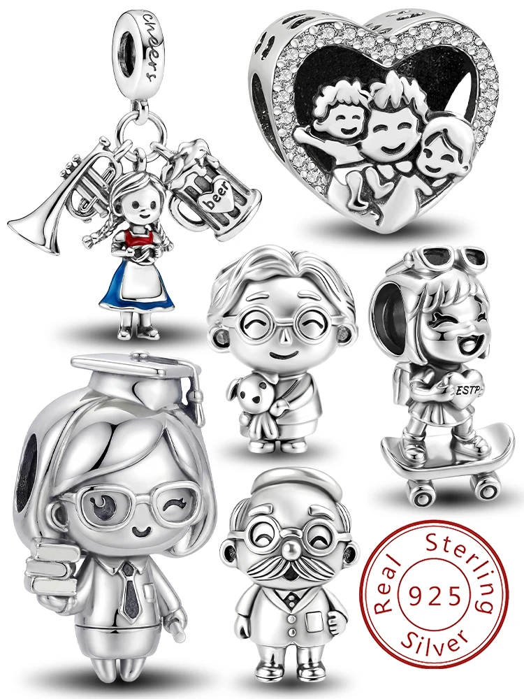 

925 Sterling Silver Musical Instrument Girl Love Heart Family Charms Beads Fit Original Bracelets Fine Jewelry Gift