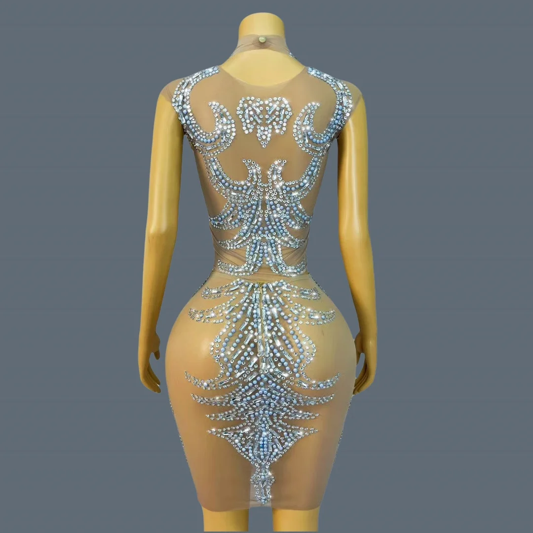 High-end Crystals Tops Mini Skirt 2Pieces Set Women Sparkly Set Sexy Tight Fitting Dress Birthday Celebrate Party Wear Huatuan