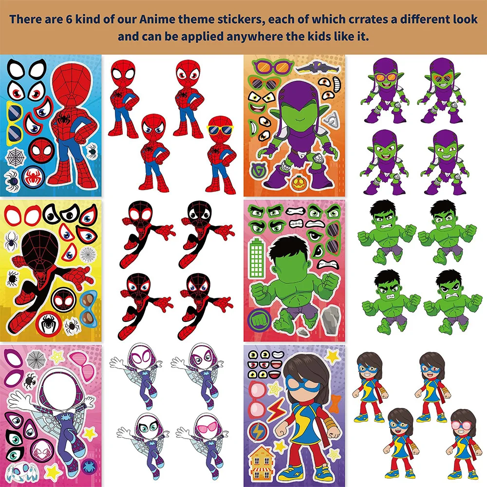 6/12sheets Disney Super Hero Make-A-Face Puzzle Stickers Spiderman The Hulk Cartoon Anime Decals DIY Assemble Jigsaw Sticker Toy