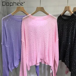 Fashion Hot Drilling See-through Shirt Women 2024 Spring and Summer Candy Color Ice Silk Round Neck Knit Long-Sleeve Top Female