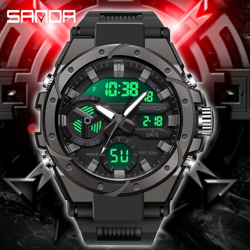 SANDA Top Brand Luxury Dual Display Men Sports Electronic Watch Outdoor Military G Style LED Digital Wristwatch 50M Waterproof