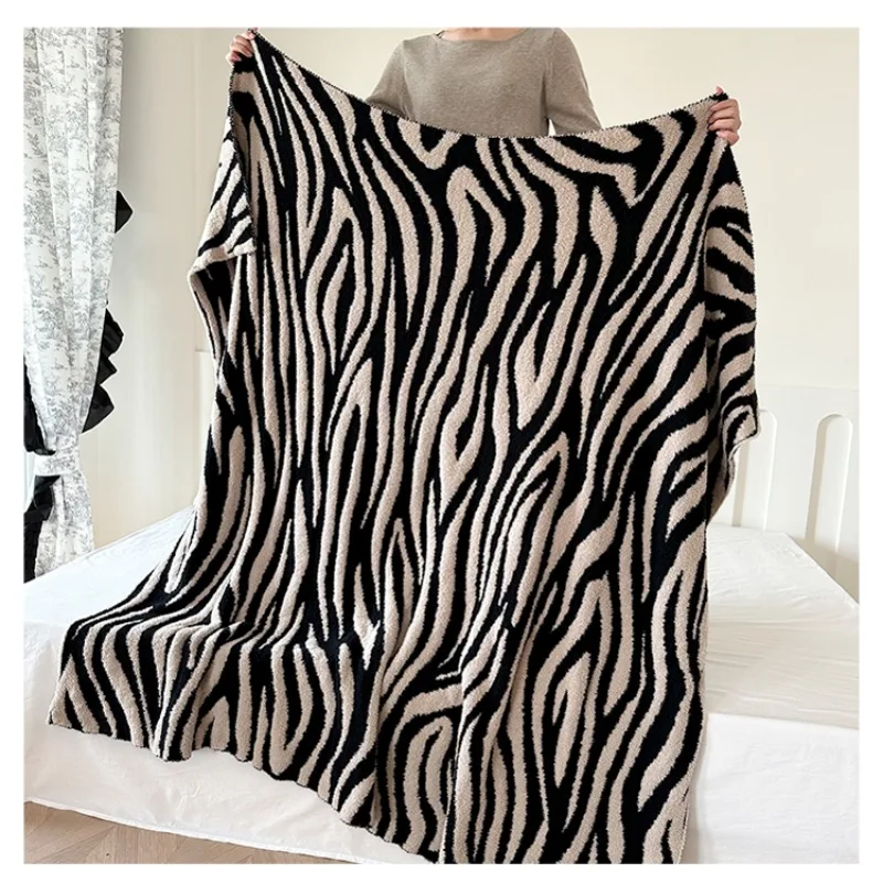 Nordic style zebra striped half flannel blanket, office nap blanket  sofa decorative blanket, air travel blanket