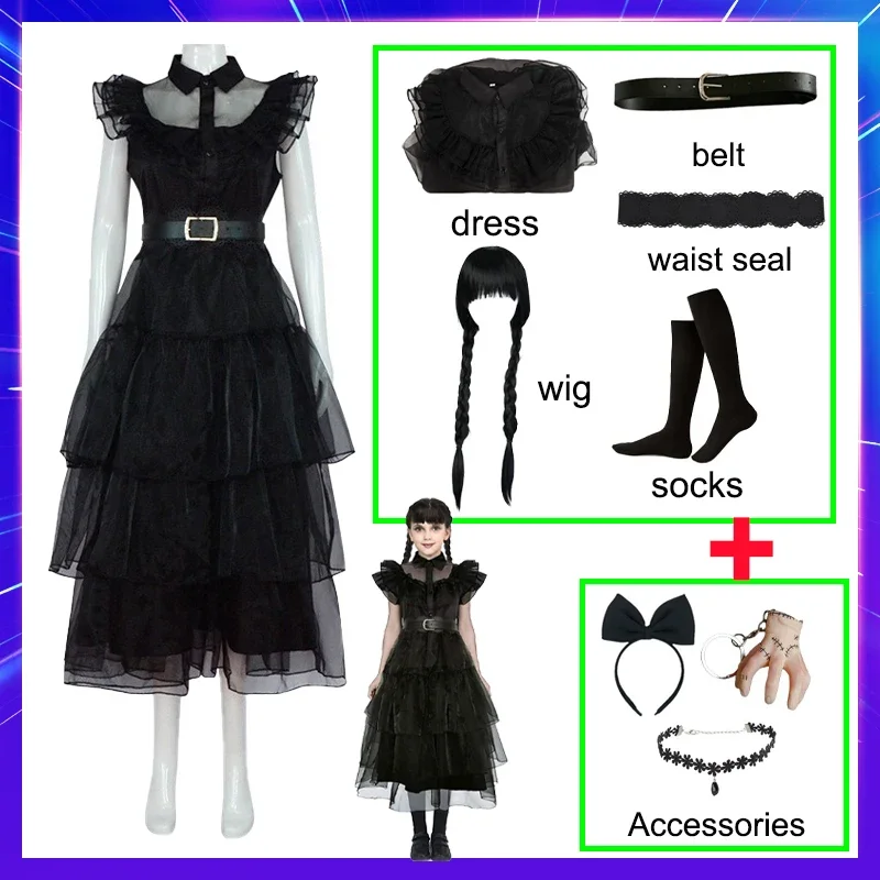 Fantasia de filme Addams-Wednesday para menina e menino, vestidos góticos pretos para carnaval e festa de Halloween, roupas femininas, novidade