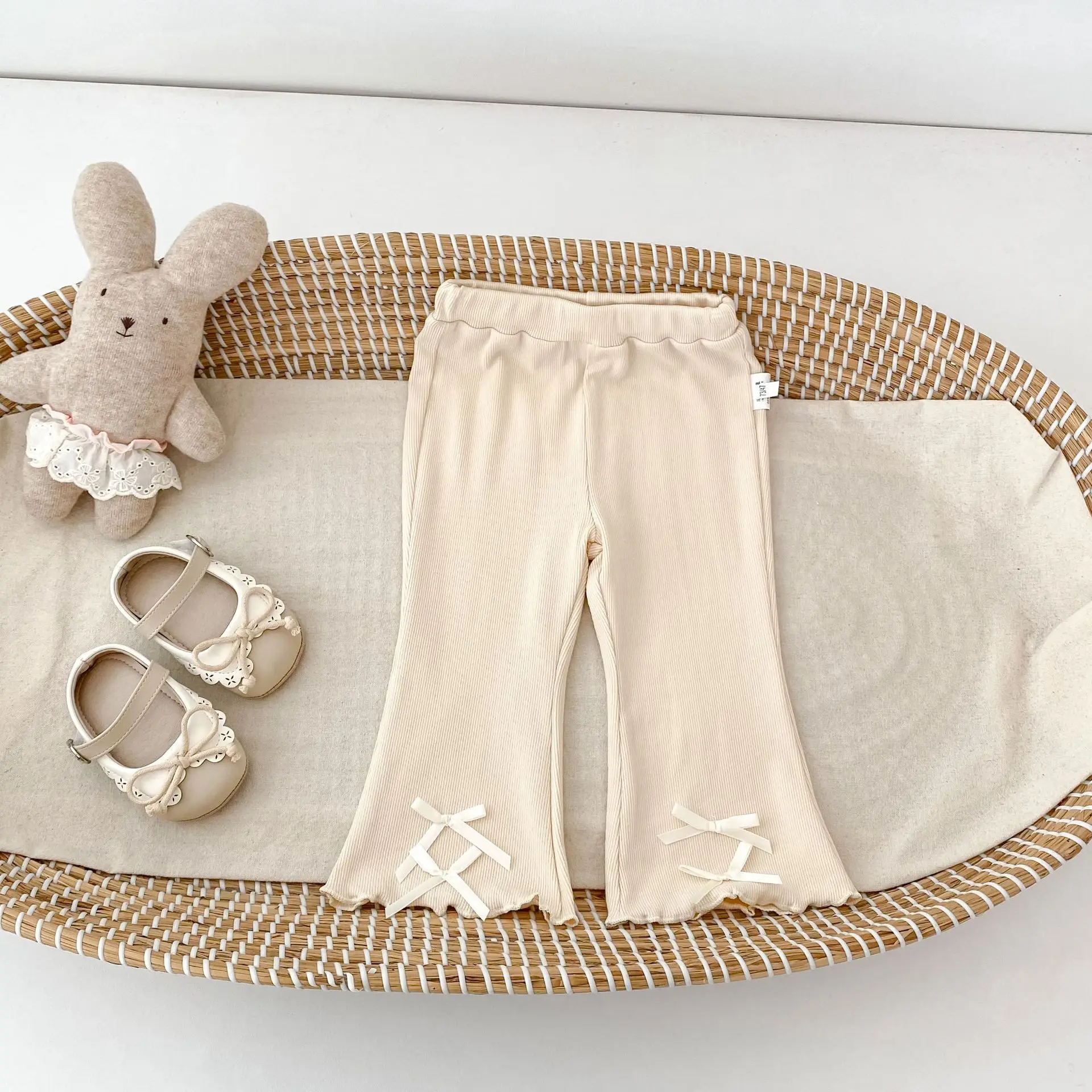 2026 Autumn New Baby Girl Bow Print Leggings Cotton Girls Lace Flared Trousers Infant Casual Pants Toddler Clothes