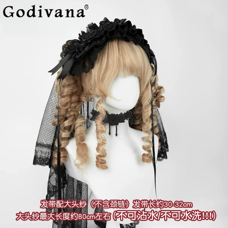 

Sweet and Cool Loli Girl Original Design Lolita Handmade Hair Accessories Japanese Bow Lace Black Headband