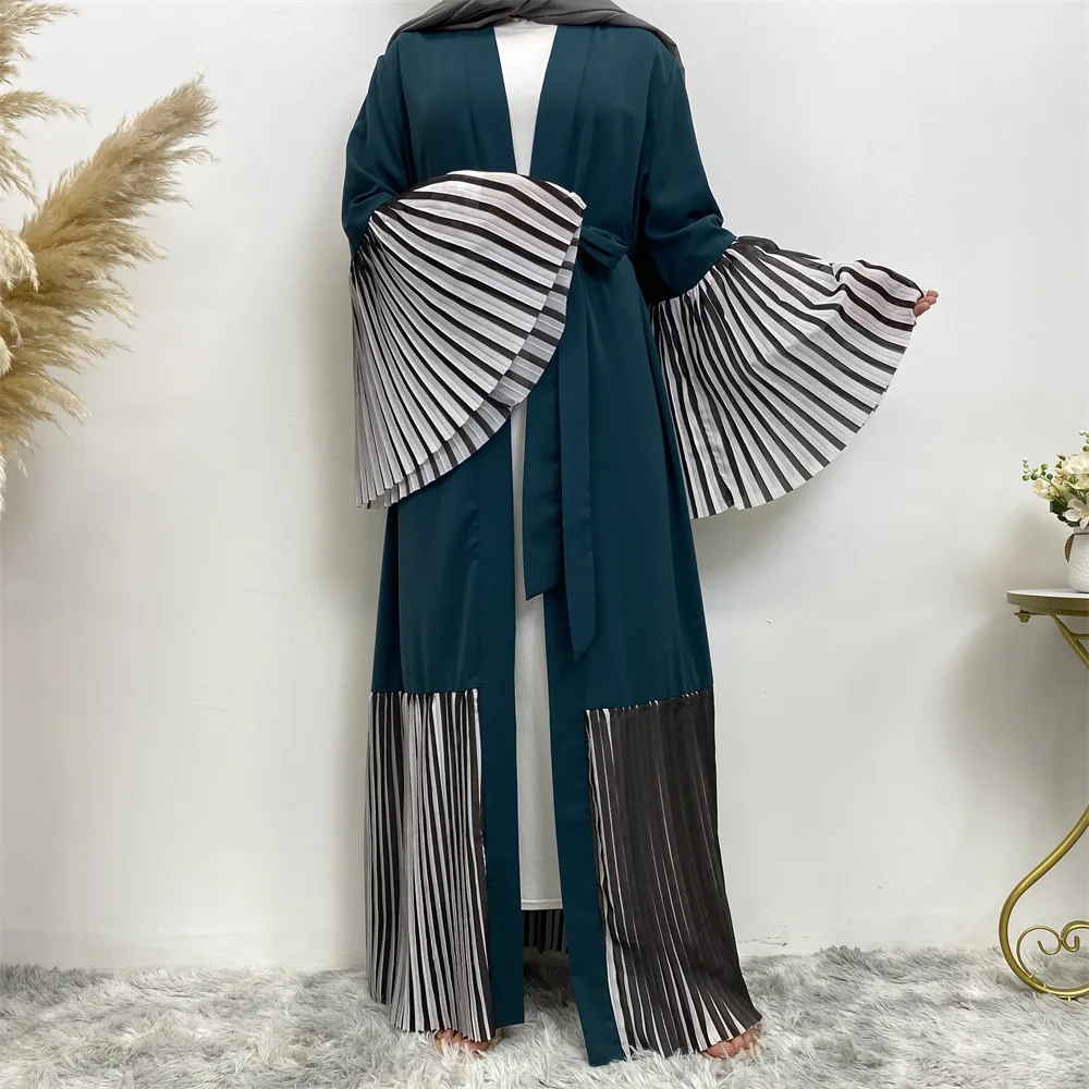 

Stripes Open Abayas Full Pleated Robe with Large Swing Muslim Cardigan Abayas Dresses for Women Casual Kaftan Femme Musulman