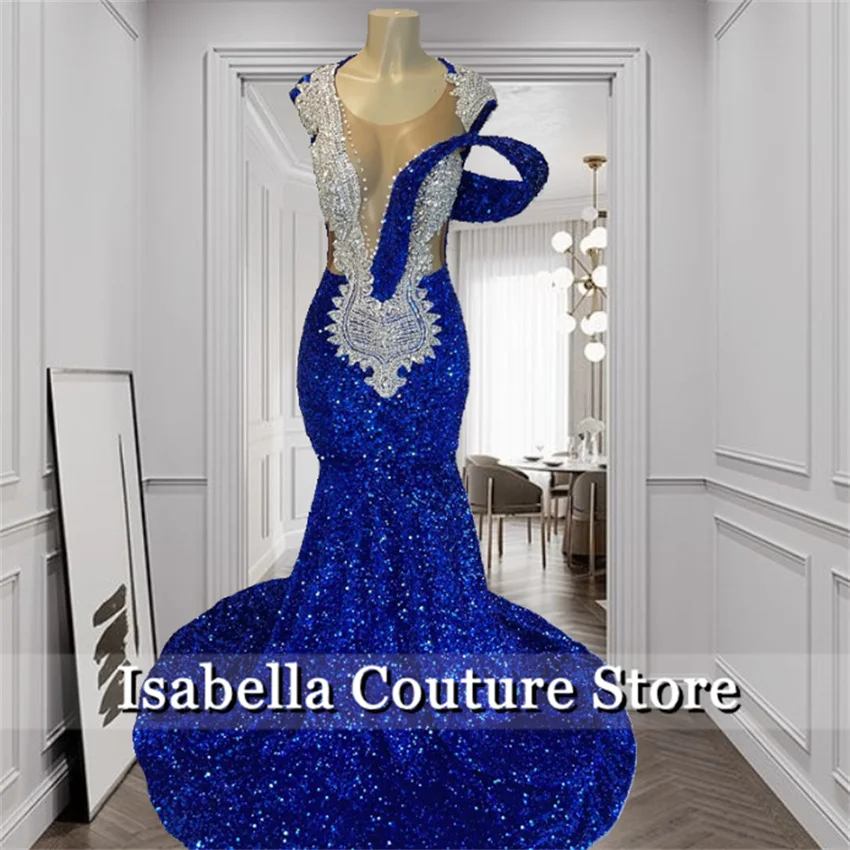 Royal Blue Sequins Long Prom Dresses For Black Girls Birthday Dresses Luxury 2024 Elegant Party Dresses Woman Vestidos