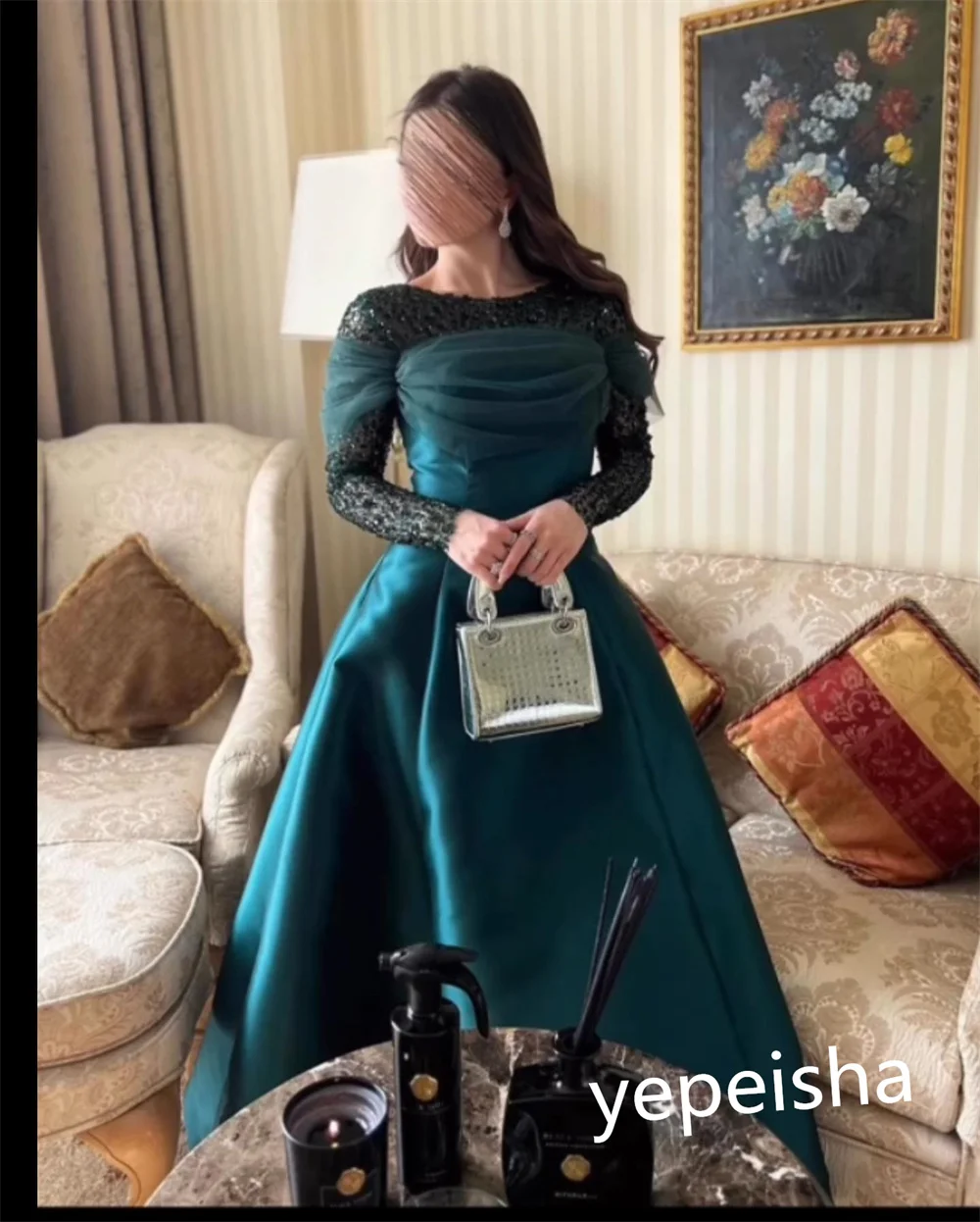 Women Intricate Jewel Ball Gown Floor Length Evening Dress Formal Ocassion Satin vestidos para eventos especiales