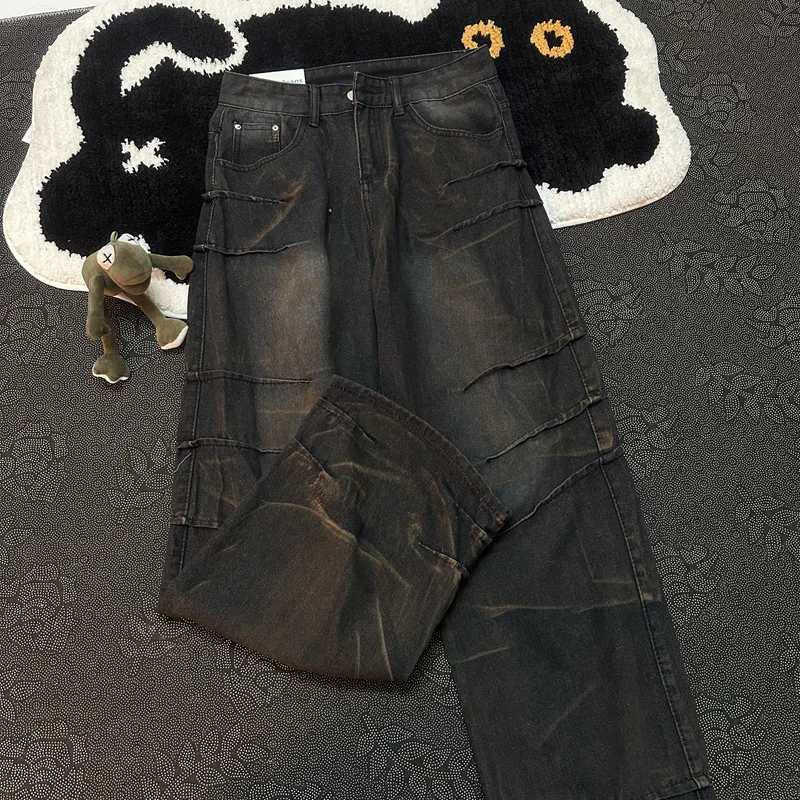 秋の男性プリーツジーンズ洗浄ディストレストレートレッグパンツアメリカンファッションレトロストリートスタイルヒップホップブラックデニムパンツ