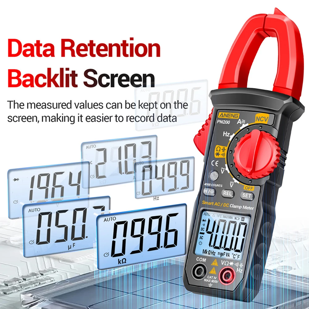 PN200 AC DC 0-600A Multimeter 4000 Counting Electrician Multi-FunctionDigital Clamp Meter Capacitance Resistance Current Tester