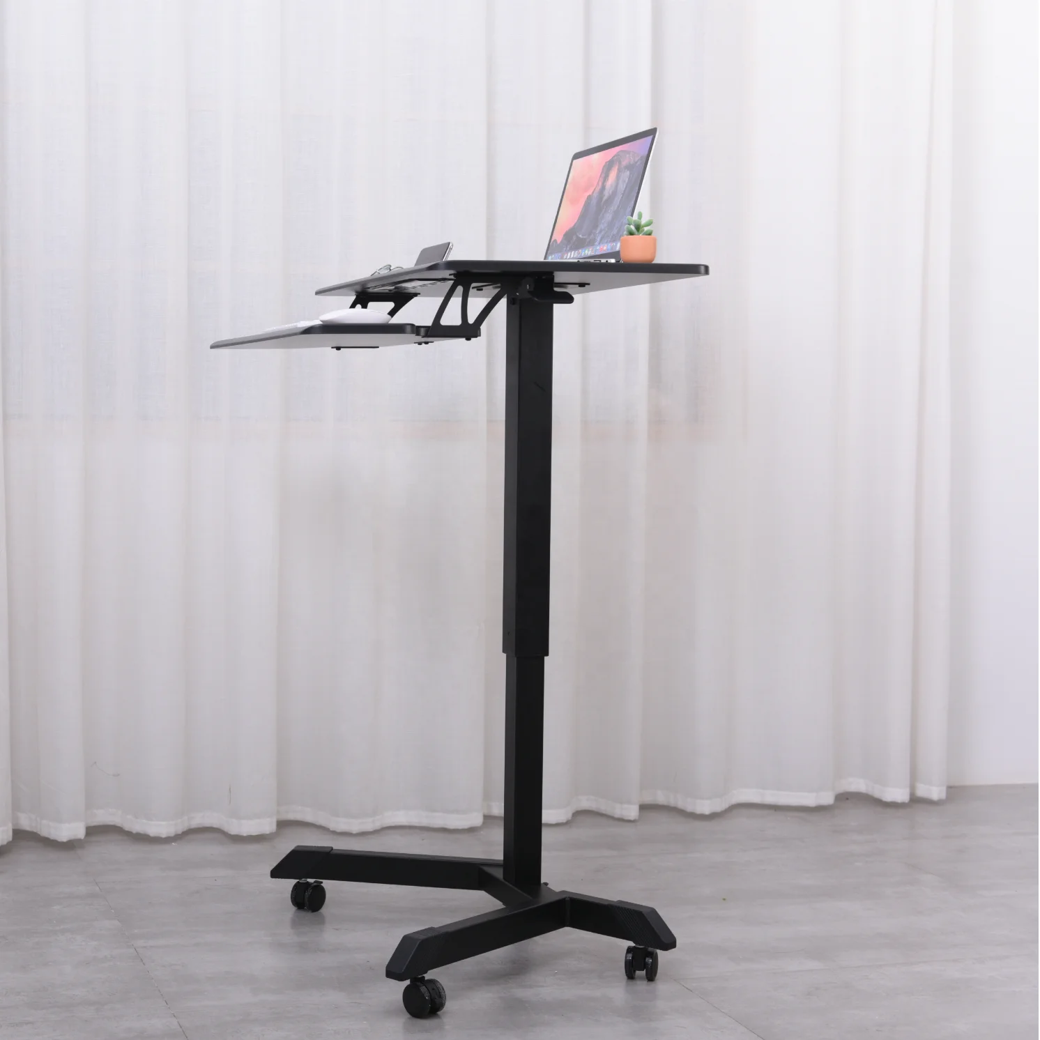 

office Single Column Pneumatic Height Adjustable Sit Standing Workstarion Mobile Computer Cart Desk with wheels keyboard tray