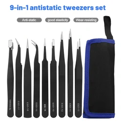 9 in 1 Tweezers Kit Anti Static Stainless Steel Forceps Hand Tools Set for Electronics Mobile Phone Repair BGA Work Tools