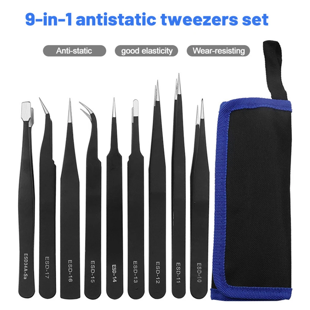 9 in 1 Tweezers Kit Anti Static Stainless Steel Forceps Hand Tools Set for Electronics Mobile Phone Repair BGA Work Tools