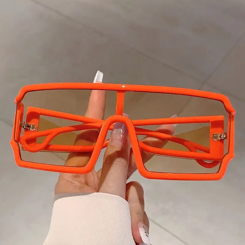 Trendy Conjoined Rectangular Large Frame Sunglasses Punk Casual Hollow Out Mirror Legs Plain Wear Sunglasses Universal