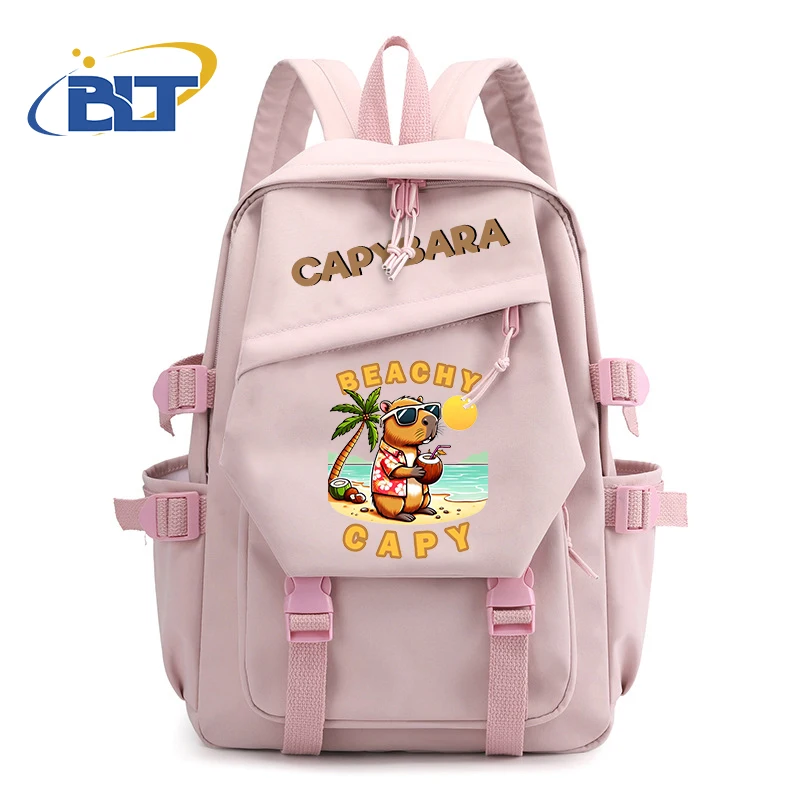 Cute Animal Capybara Printed Student Backpack Pink Girls Backpack Kids Gift