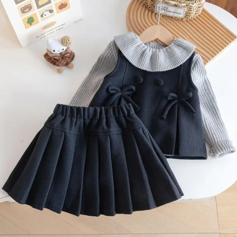 

Комплект для девочек: жилет с бантом и плиссированная юбка, флисовый, в академическом стиле, для девочек 3-8 лет, весна-зима, новая модная коллекция 2026 года