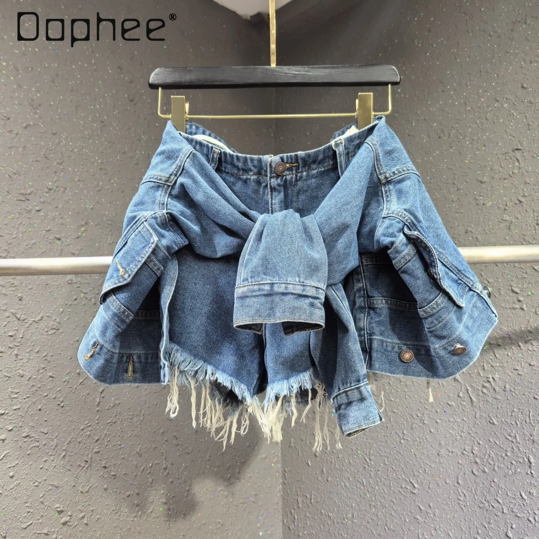 

Ins Trendy Personality American High Waist Fake Two Pieces Denim Shorts Women Fashion Versatile Wide Leg Pants Slim Jean Shorts