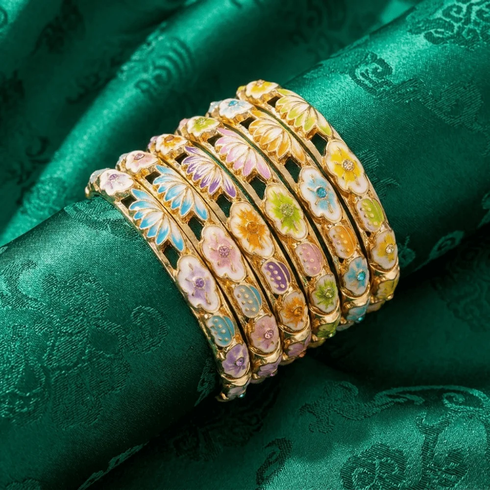 Elegant Enamel Floral Bangle Gold Plated Chinese Style Cloisonne Bangle Handmade Rich Colors Women's Flower Bracelet Ladies