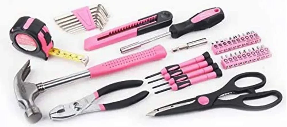 122-Piece Pink Tool Kit with 3.6V Rotatable Electric Screwdriver-Ladies Home Work Kit