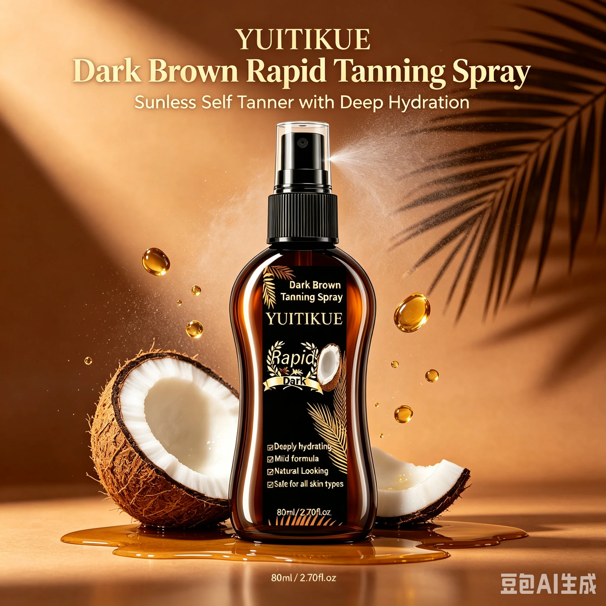 YUITIKUE Dark Brown Self Tanning Spray Coconut Essence Deeply Hydrate Dry Skin Natural Looking Tan Finish 80ml