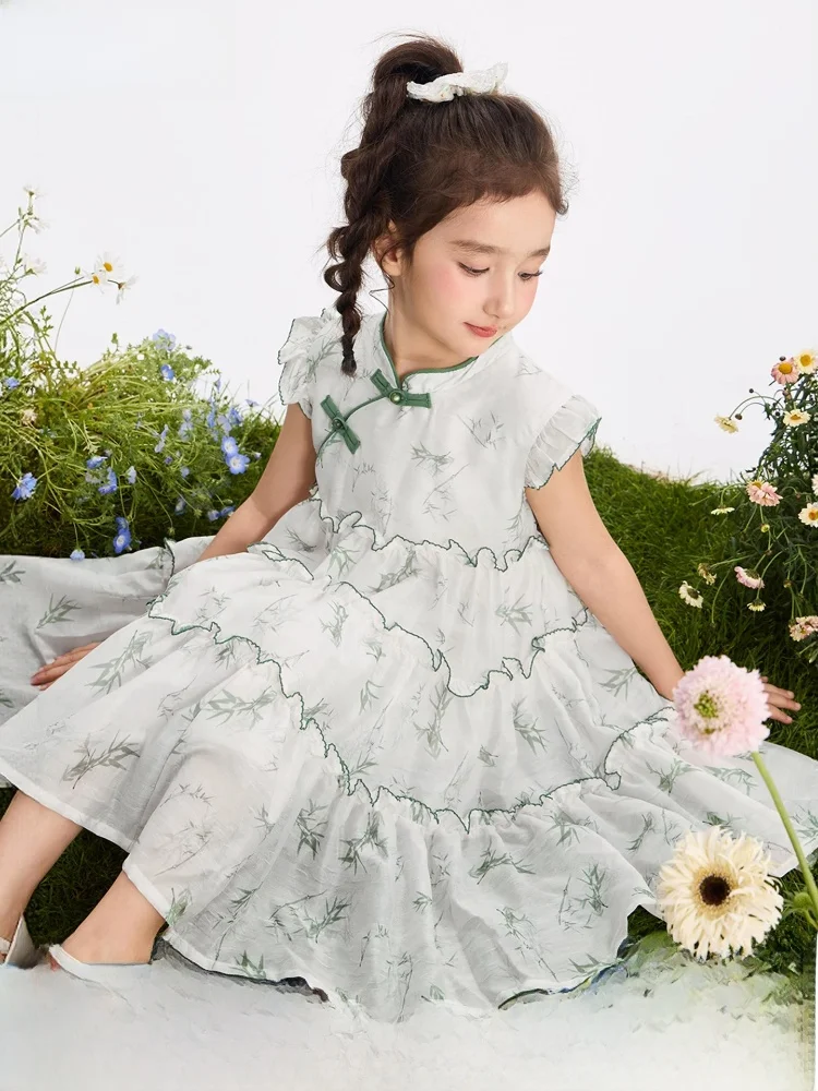 princess-style-printed-skirt-for-girls-lightweight-summer-dress-with-lace-hemline-floaty-gown-casual-high-waist-blend-fabric