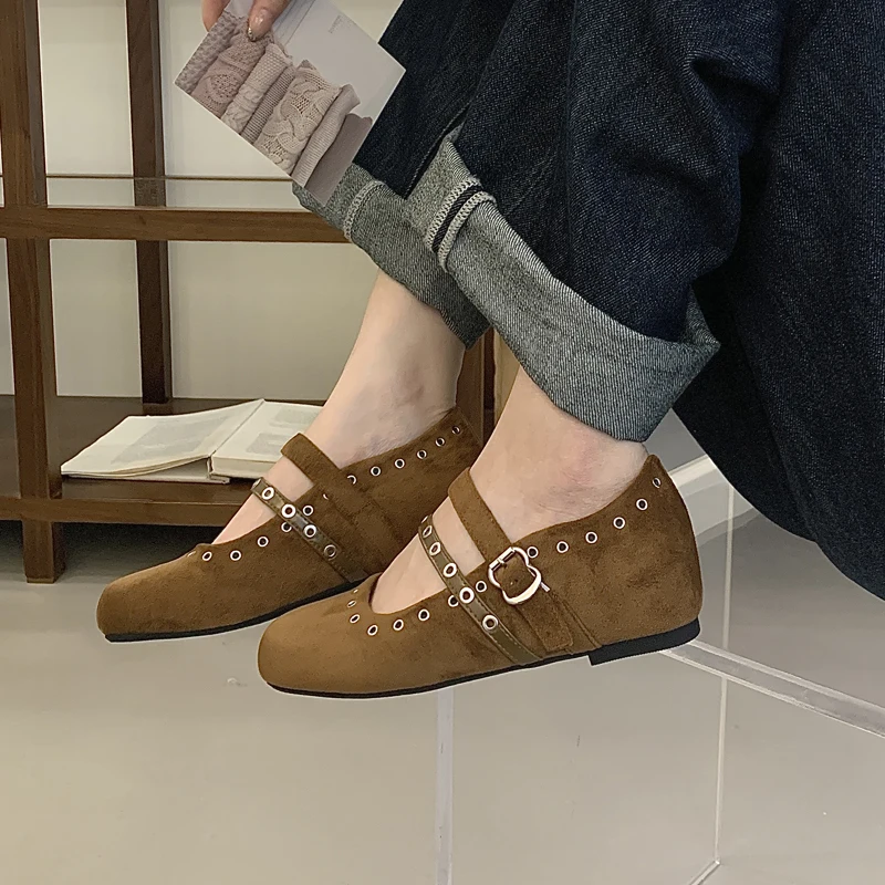 

elevator shoes Woman rivet low Heels Slides Designer Shallow loafers buckle round Toe Mary Jane Shoes suede sandalias mujer