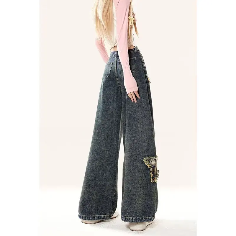 Y2K Butterfly Jeans Women American Retro Micro Flared Spring Autumn High Waist Loose Wide Leg Floor Pants