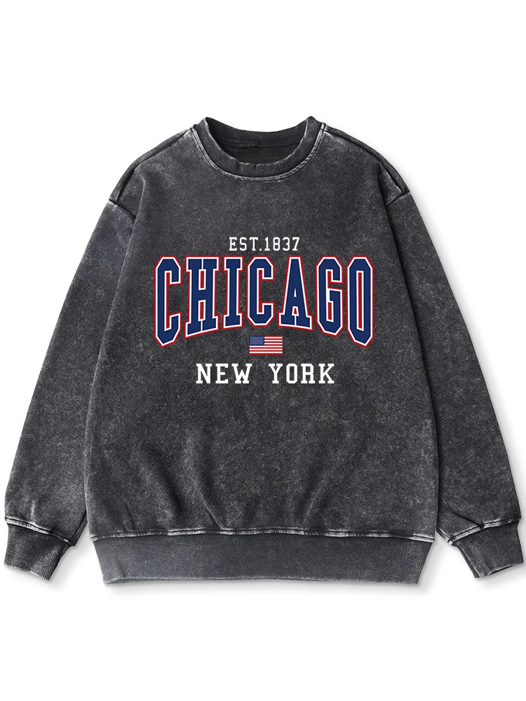 

Chicago New York Est.1837 Print Women'S Washed Distressed Sweatshirt Fashion Warm Loose Hoodies Autumn Oversized Clothes Female