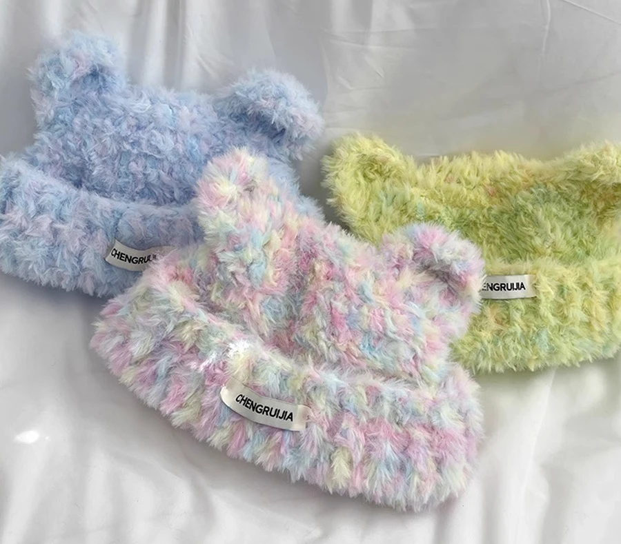 Słodkie kolorowe uszy niedźwiedzia Dzianinowa wełniana czapka Mieszana nić Jesień Zima Ciepła ochrona uszu Pullover Hat Cute Dopamine Beanie Cap — zdjęcie 7