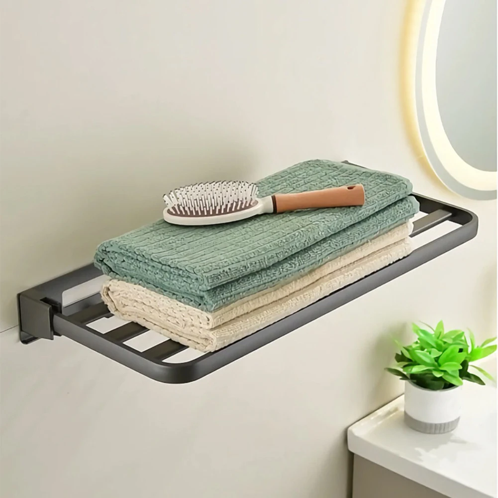 

Foldable Stainless Steel Bathroom Towel Rack With Double Bars And Hooks Space-Saving Wall Mounted Bathroom Shelf Storage Rack