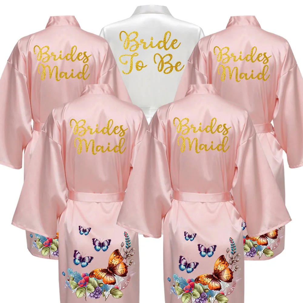 

Gold Wedding Party Team Bride Robe Kimono Satin Pajamas Bridesmaid Bathrobe HSJS10