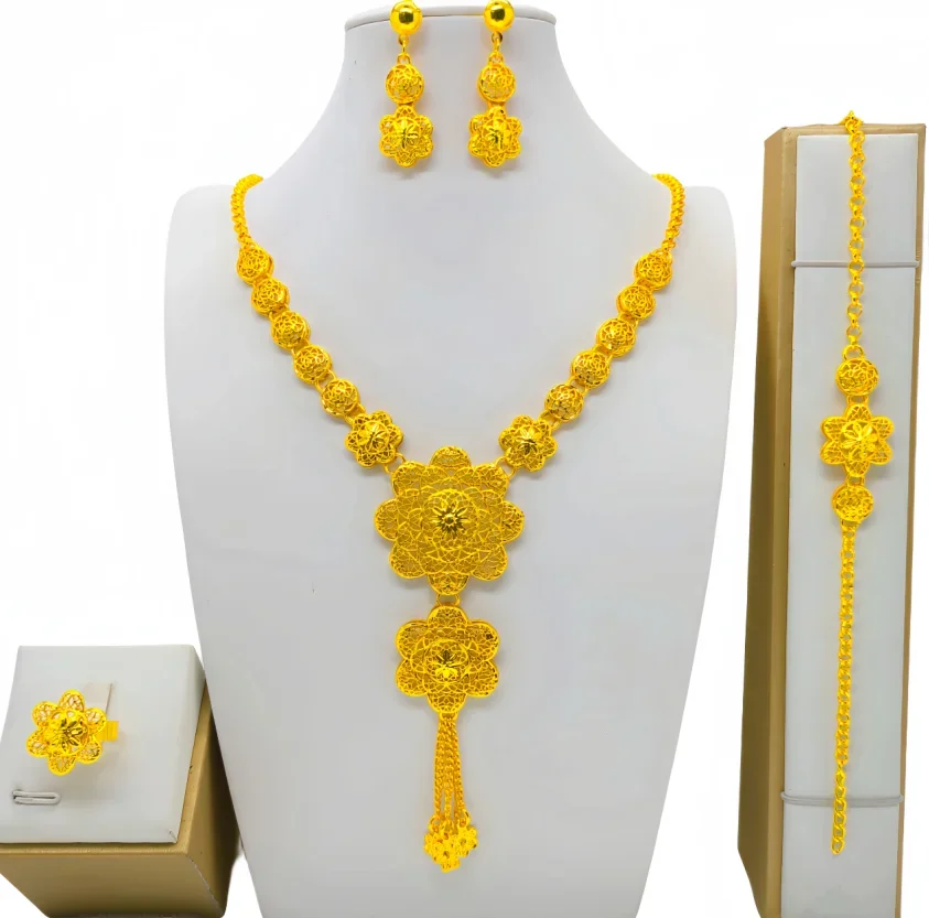 Dubai Gold Color Jewelry Set Double Layered Necklace Big Pendant Sets For Women African Bridal Wedding Party Jewellery Gifts