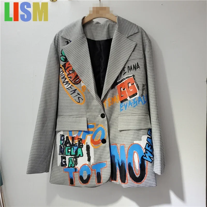 

LISM 2025 Women Letters Graffiti Checked Blazers Coat Plaids Suits Jacket Mid Length OL Turn Down Collar Cardigan Crop Tops