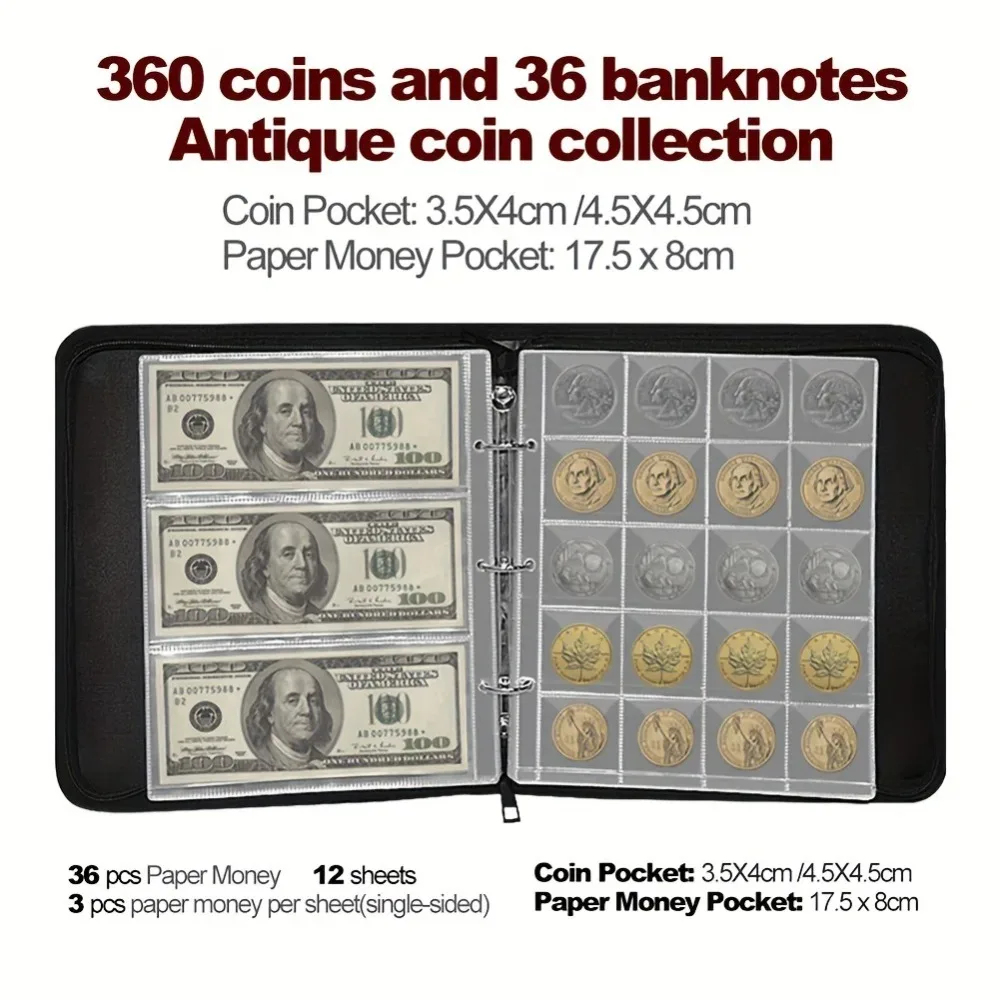 360 Pocket Coin Organiser Currency Sleeve Album Fireproof Coin Collection Bookends Money Clip for Currency Collection Supplies