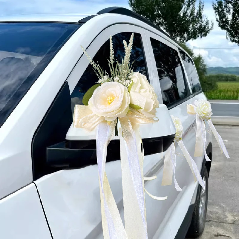 バックミラー,造花,結婚式の車のアクセサリー,結婚式の通路の椅子の装飾