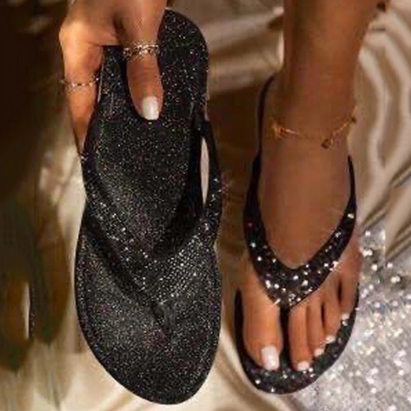 Women Slippers Plus Size 2022 Summer Flip Flop Ladies Shoes Bling Rhinestone Slippers Beach Casual Crystal Flats New Flip Flops