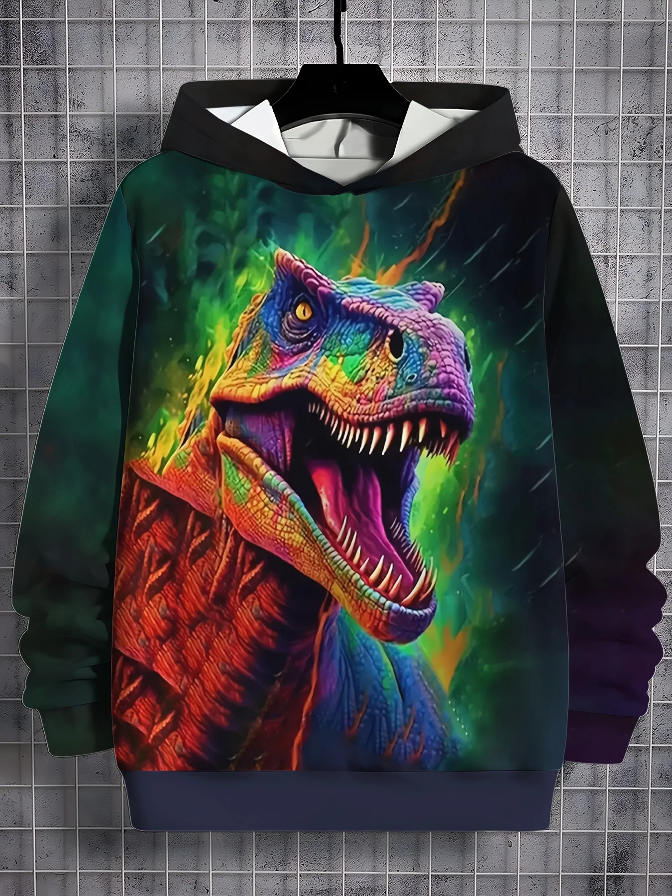 

2025 new fashionable children's casual hoodie, 3D printed dinosaur style pattern, daily wear, soft texture, comfortable touch