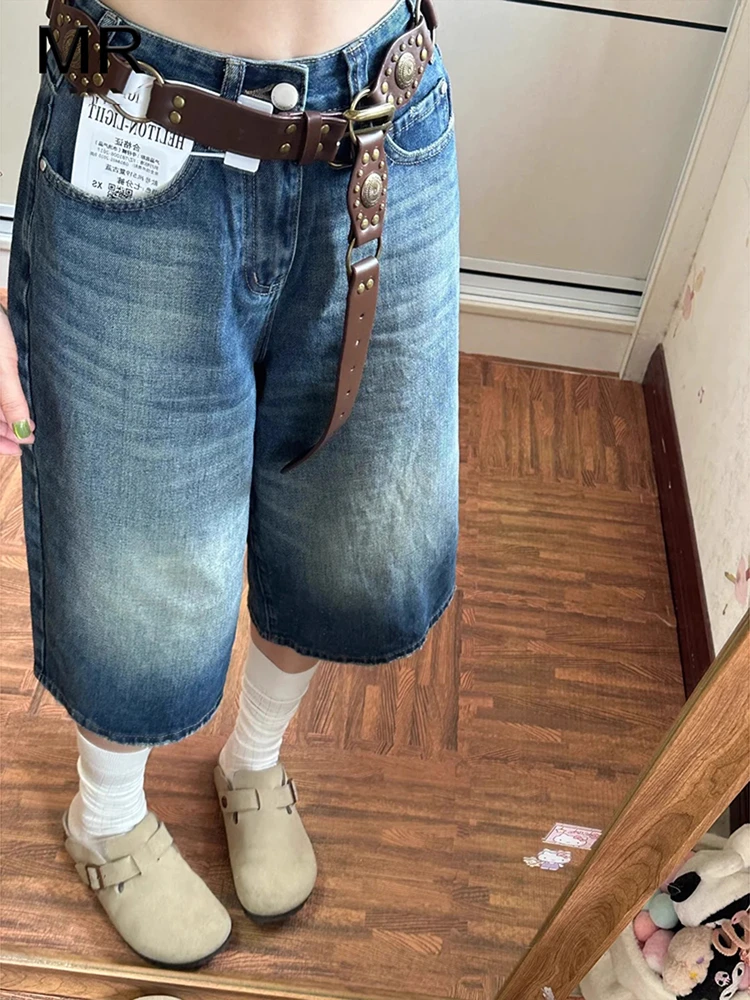 

American Retro Waed Seven-Five Denim Jeans Women Summer High Waist Loose Slim Straight lar Mid-Pants Eight orts