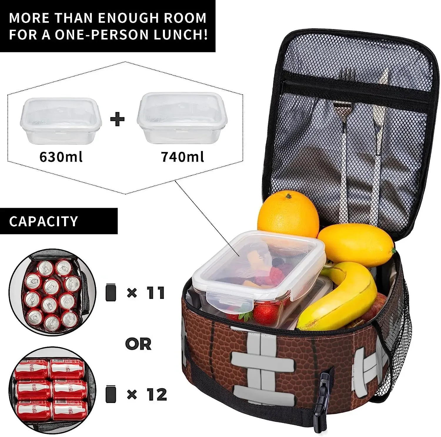 American Football Ball Lunch Bag Insulated Lunch Box for Boys Girls Durable Portable Adults Cooler Bento Tote with Side Pocket