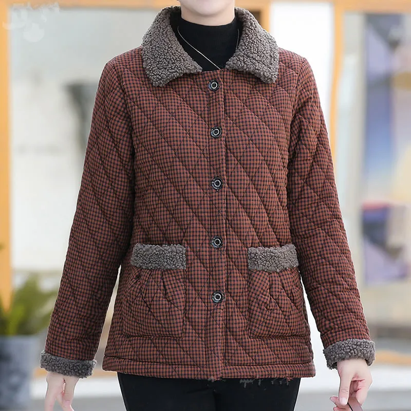 Middle-Aged Elderly Cotton Coat Women Fashion Plaid Plush Warm Parker Jacket Female Korean Loose 5XL Large Size Outerwear 2461