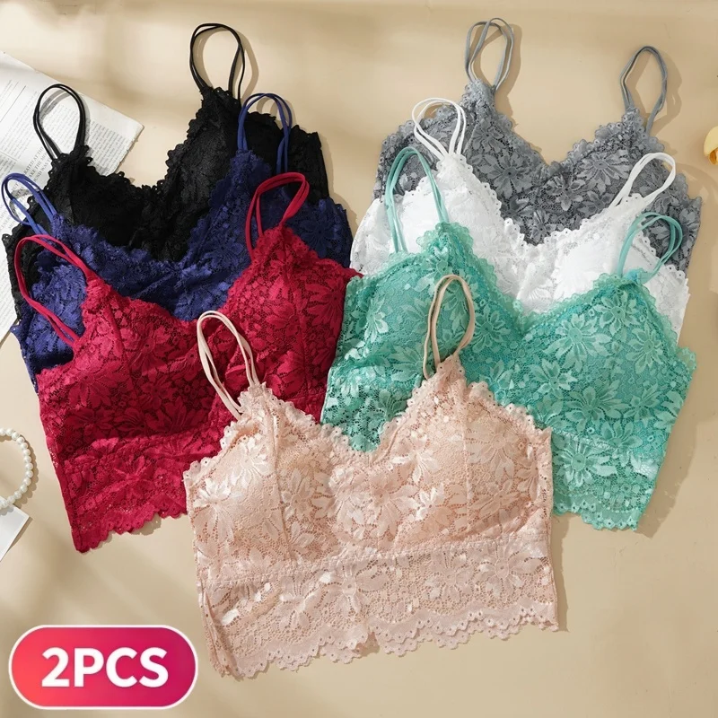 2PCS Women Floral Lace Bralette Double Thin Straps Camisole Bra Padded Wireless Sheer Bustier Soft Comfortable Crop Top Lingerie